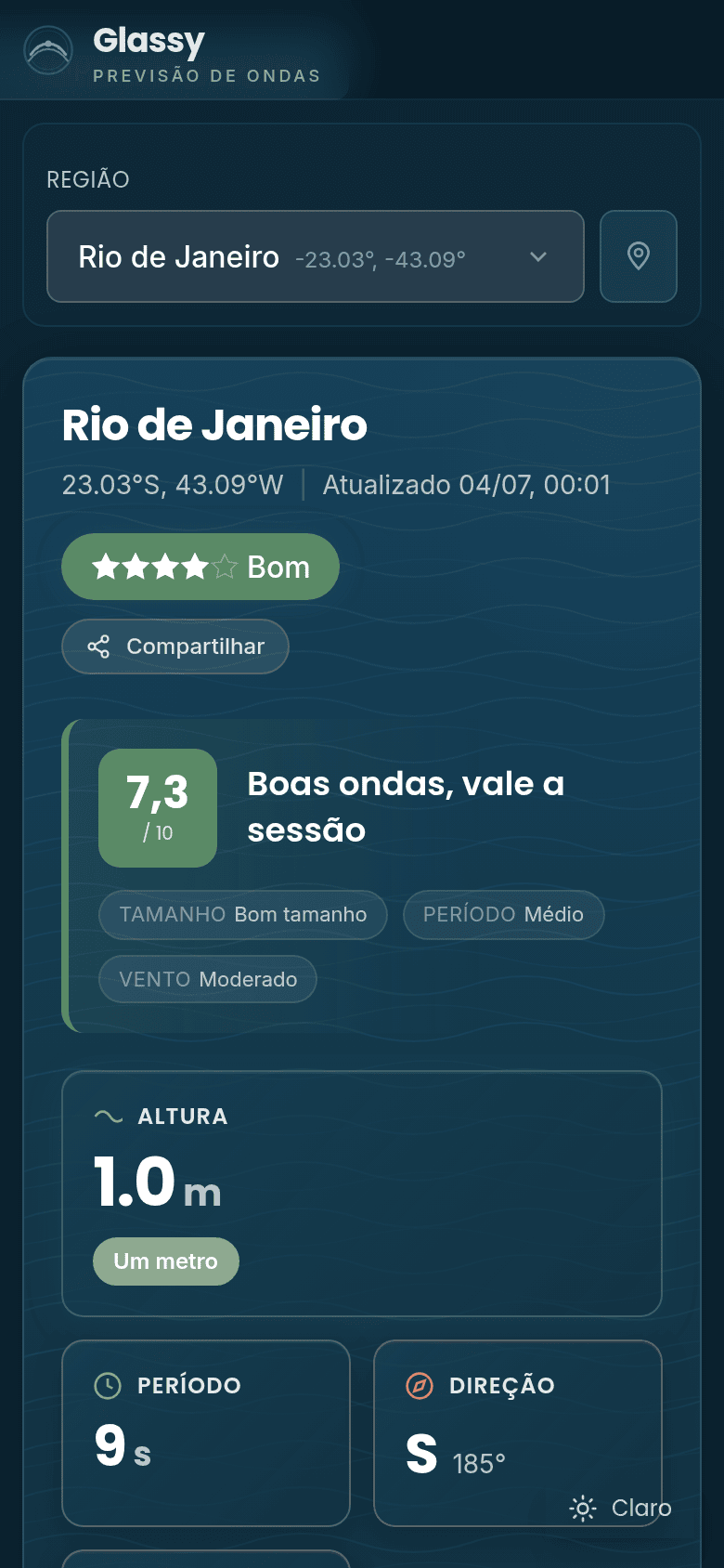 Versão mobile do Glassy mostrando a previsão de ondas com nota da sessão e condições do mar